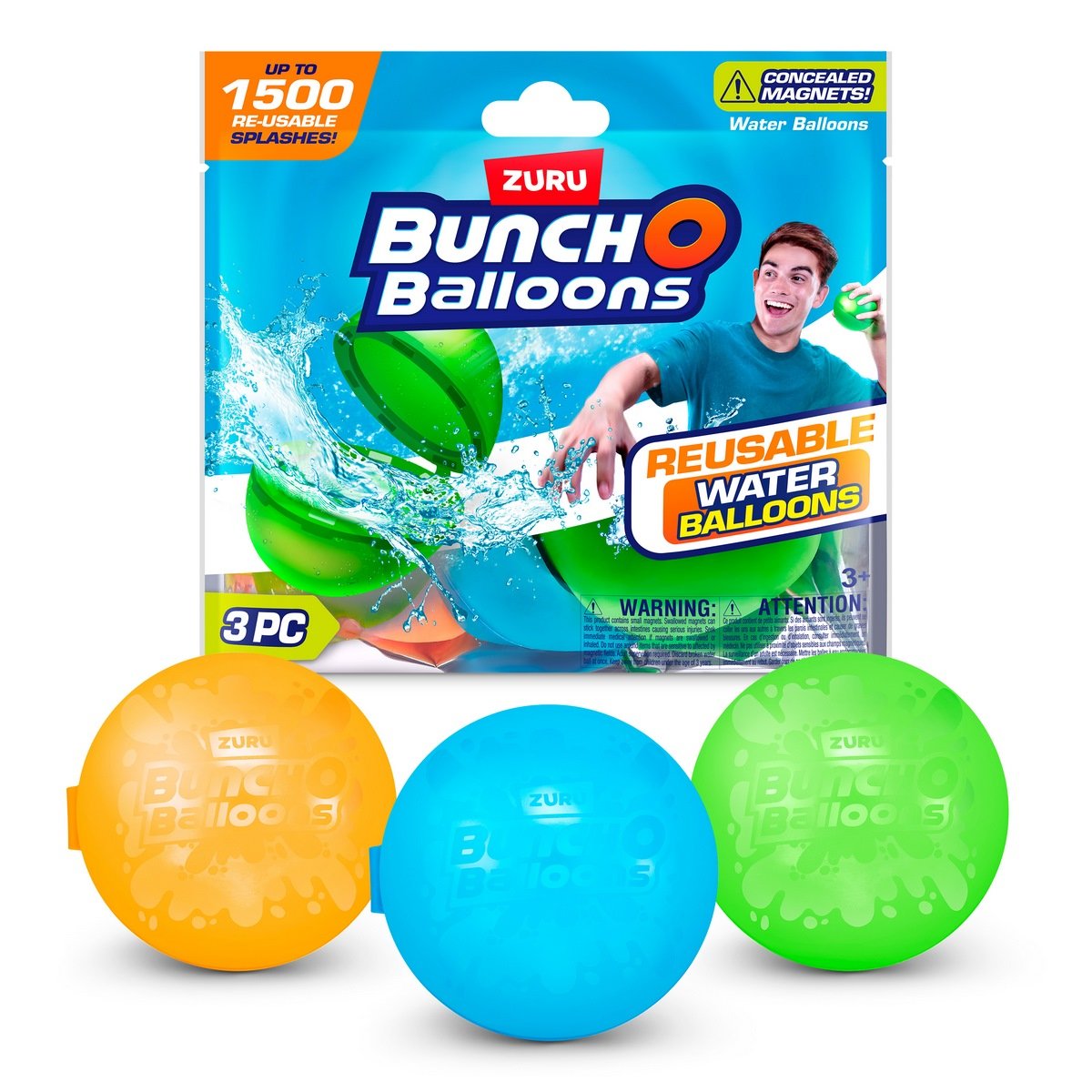 Pack 3 bombas de agua reutilizables Bunch O Balloons ZURU colores naranja verde azul